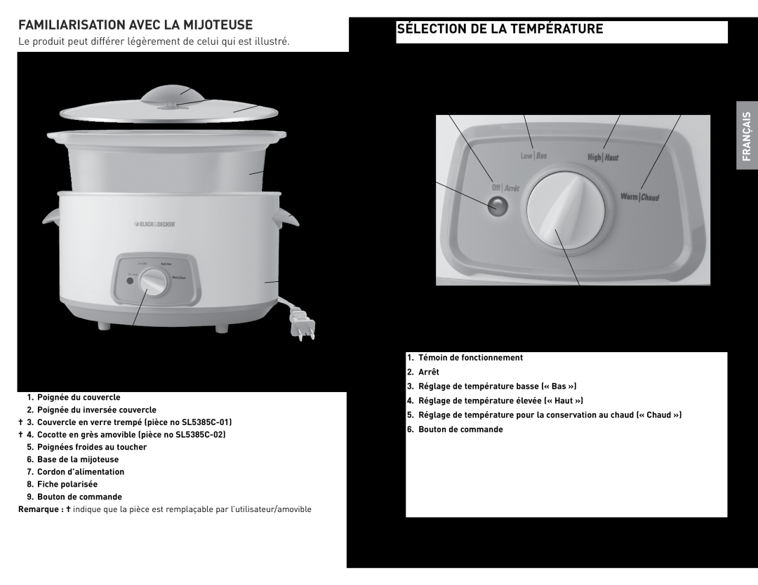 Black & Decker SL5385C manual Sélection de la température, Familiarisation avec la mijoteuse, Français 