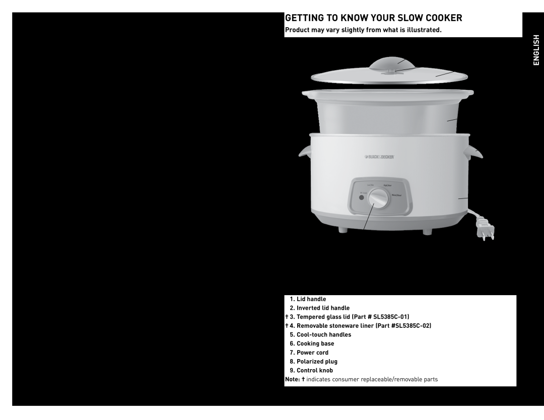 Black & Decker SL5385C manual Getting To Know Your Slow Cooker, Electric Power, English 