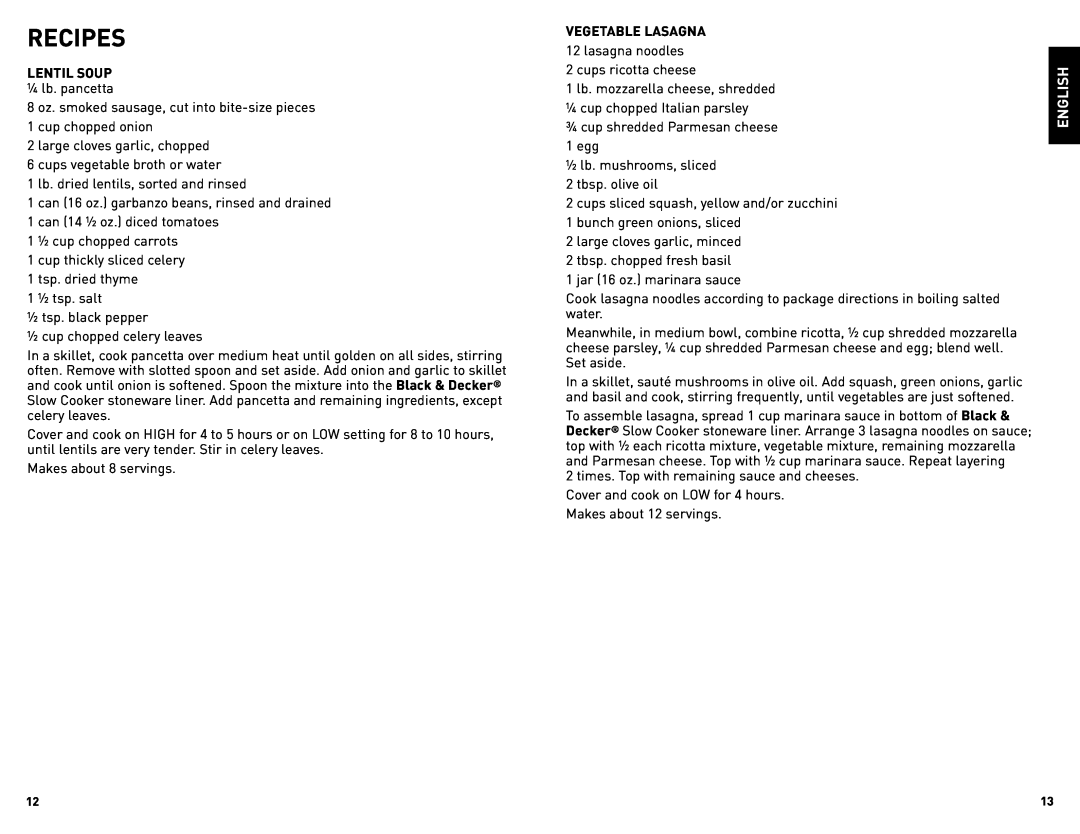 Black & Decker SL5385C manual Recipes, English 