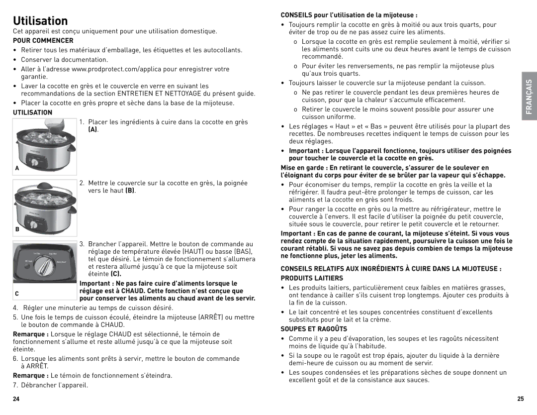 Black & Decker SL5470C manual Utilisation, Pour Commencer, Soupes ET Ragoûts 