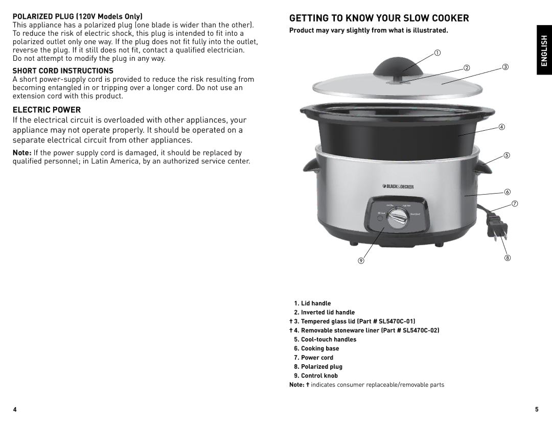 Black & Decker SL5470C manual Getting To Know Your Slow Cooker, Product may vary slightly from what is illustrated 