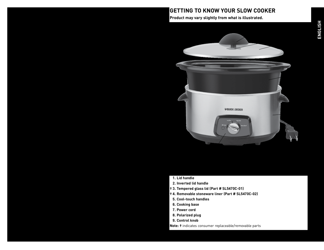 Black & Decker SL5470C manual Getting To Know Your Slow Cooker, Electric Power, English 