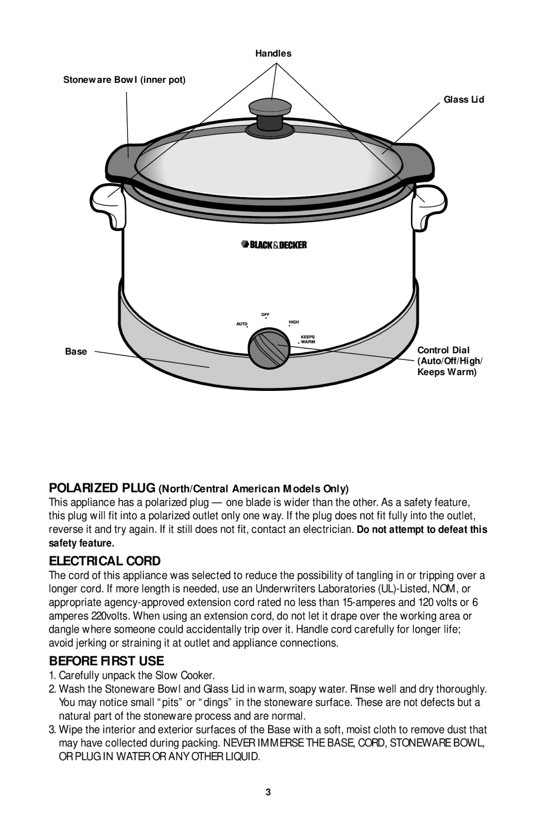 Black & Decker SLO400 Series manual Electrical Cord, Before First USE, Carefully unpack the Slow Cooker 