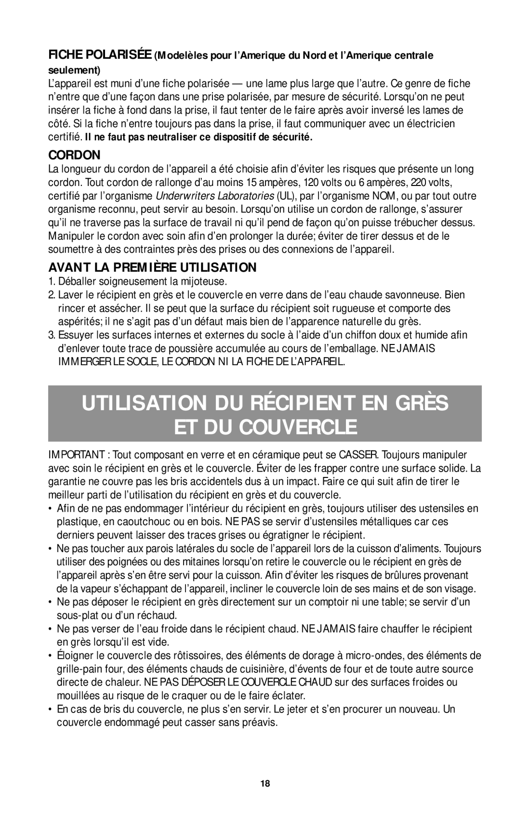 Black & Decker SLO400 Series manual Utilisation Du Récipient En Grès Et Du Couvercle, Cordon, Avant La Première Utilisation 