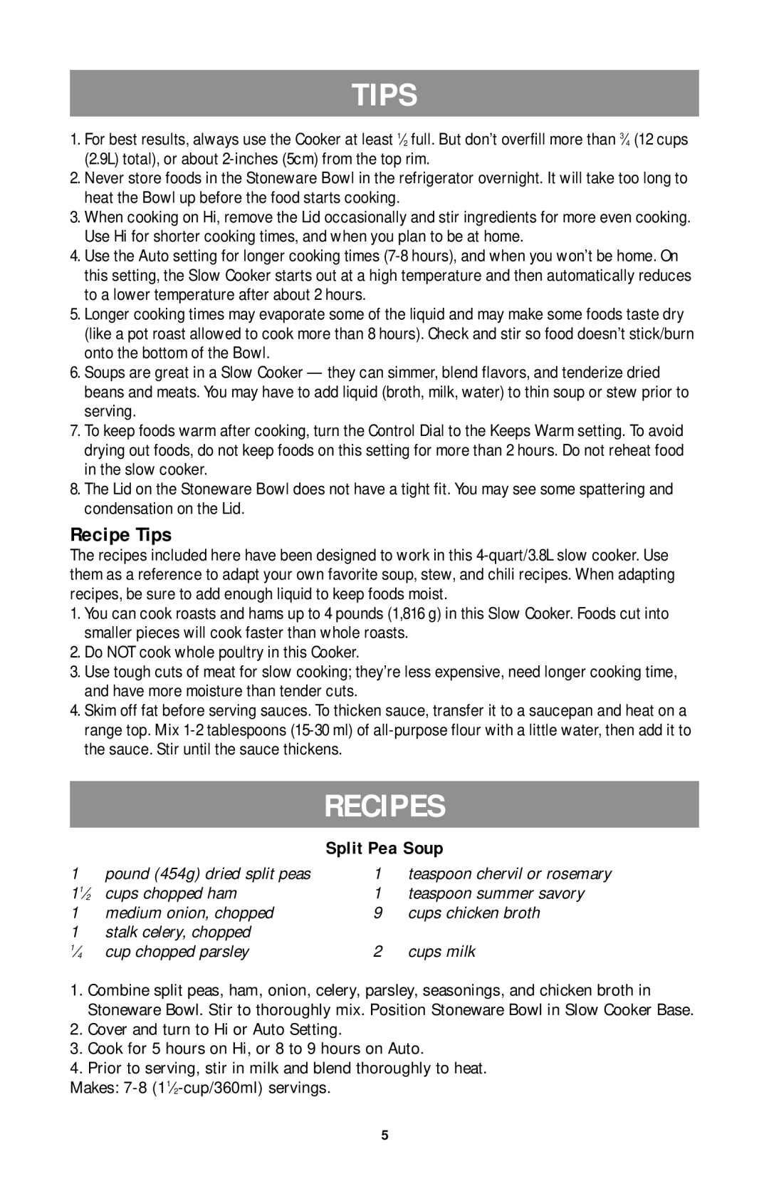 Black & Decker SLO400 Series manual Recipes, Recipe Tips, Split Pea Soup 