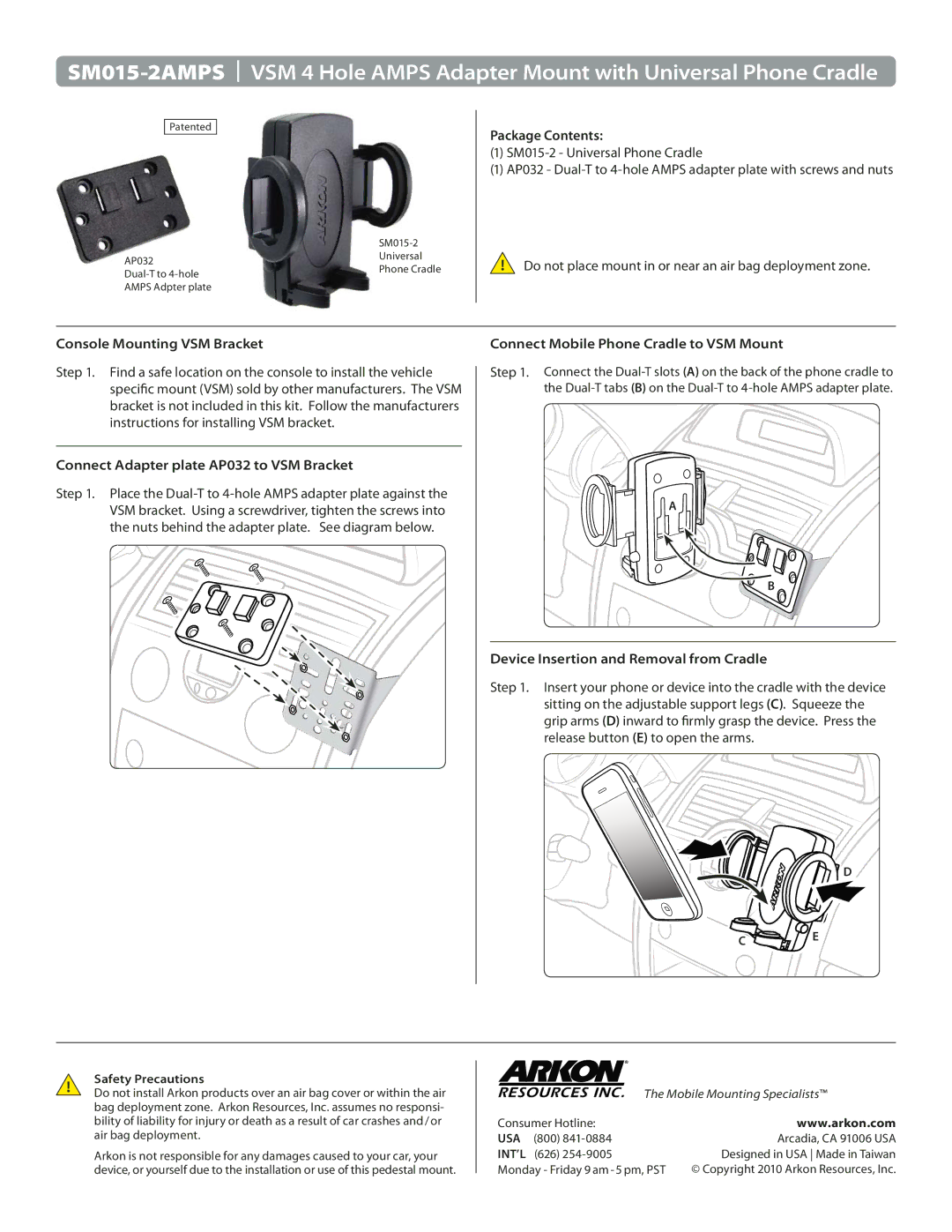 Black & Decker SM015-2AMPS manual Package Contents, Console Mounting VSM Bracket, Connect Mobile Phone Cradle to VSM Mount 