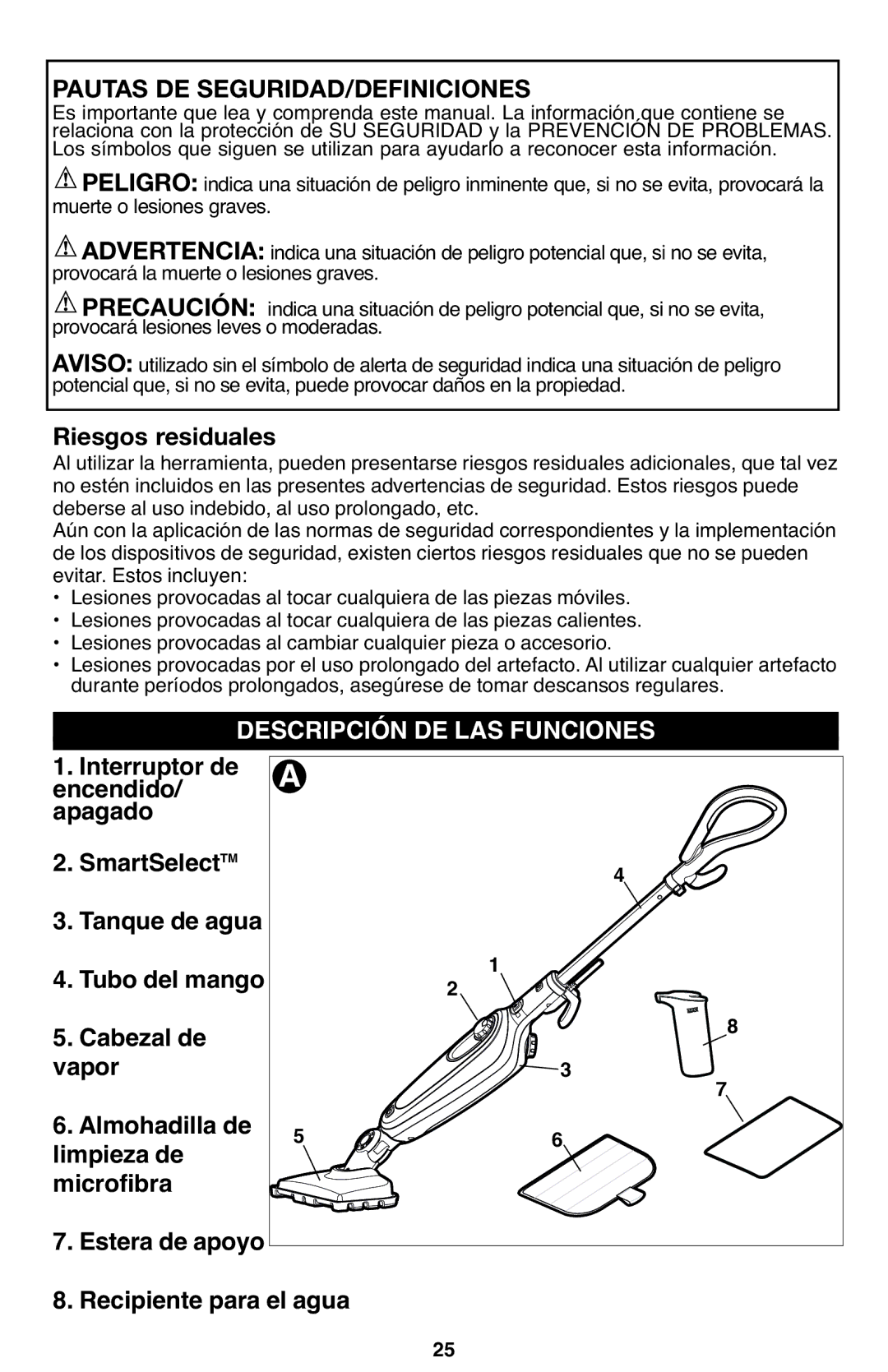 Black & Decker SM1610, SM1630, SM1620 instruction manual Descripción DE LAS Funciones, Riesgos residuales 