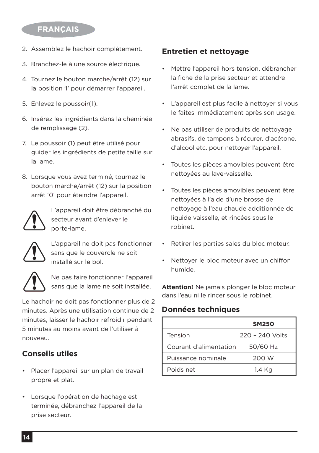 Black & Decker SM250 manual Conseils utiles, Entretien et nettoyage, Données techniques 