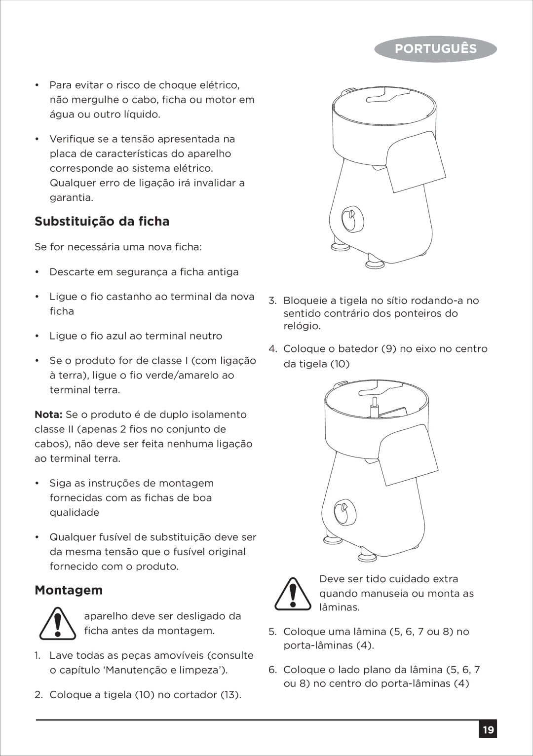 Black & Decker SM250 manual Substituição da ﬁcha, Montagem 