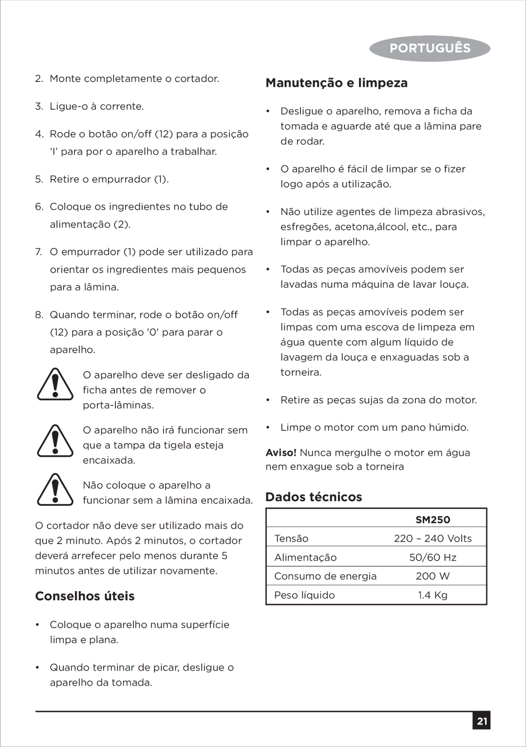 Black & Decker SM250 manual Conselhos úteis, Manutenção e limpeza, Dados técnicos 