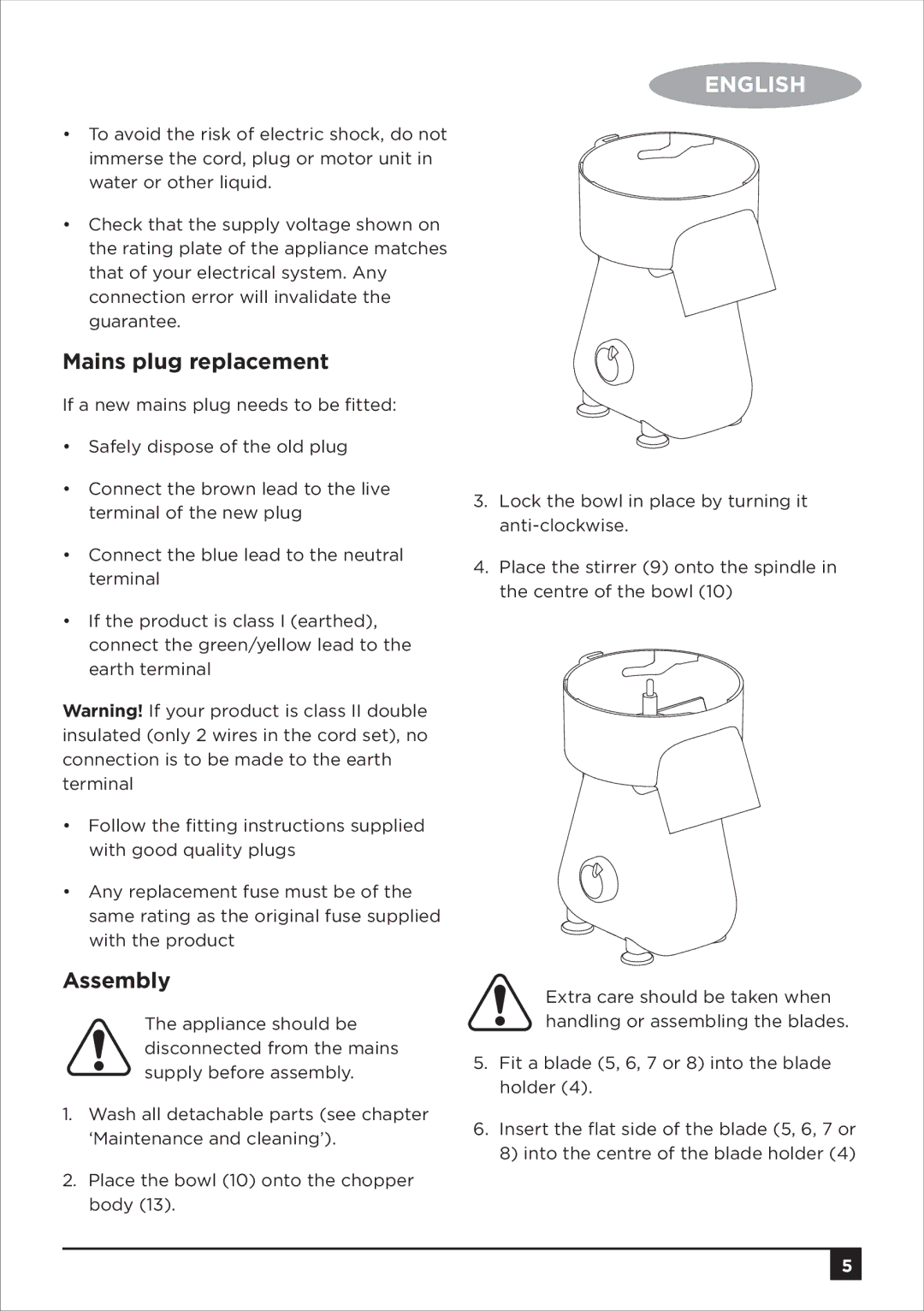 Black & Decker SM250 manual Mains plug replacement, Assembly 