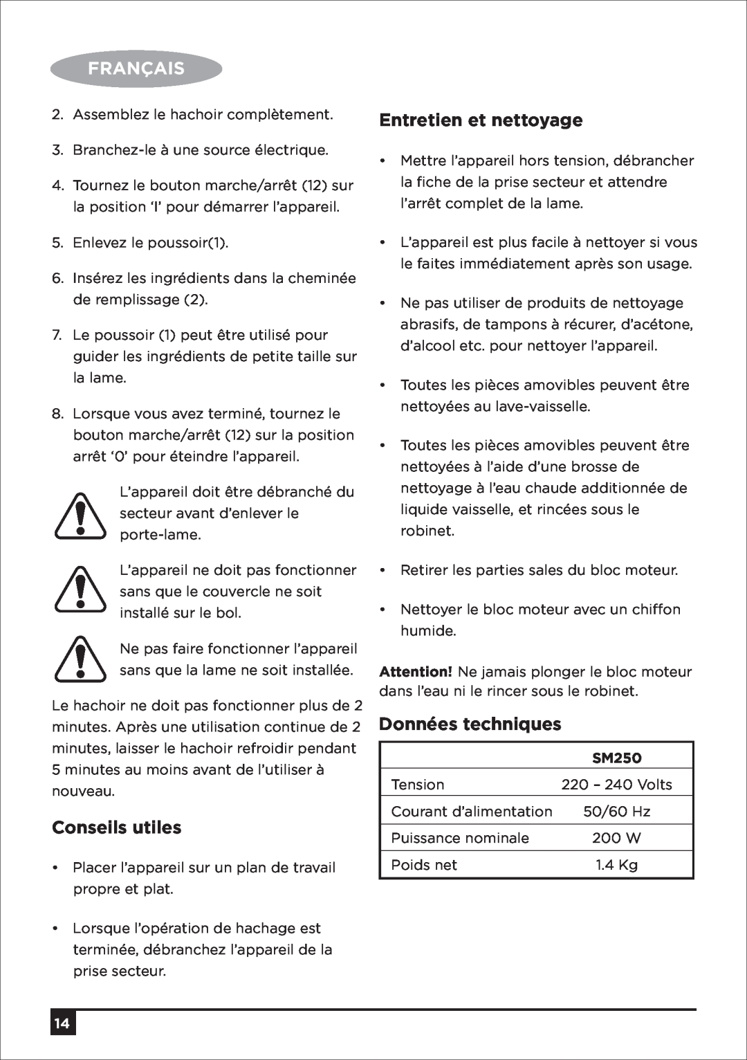Black & Decker SM250 manual Français, Conseils utiles, Entretien et nettoyage, Données techniques 