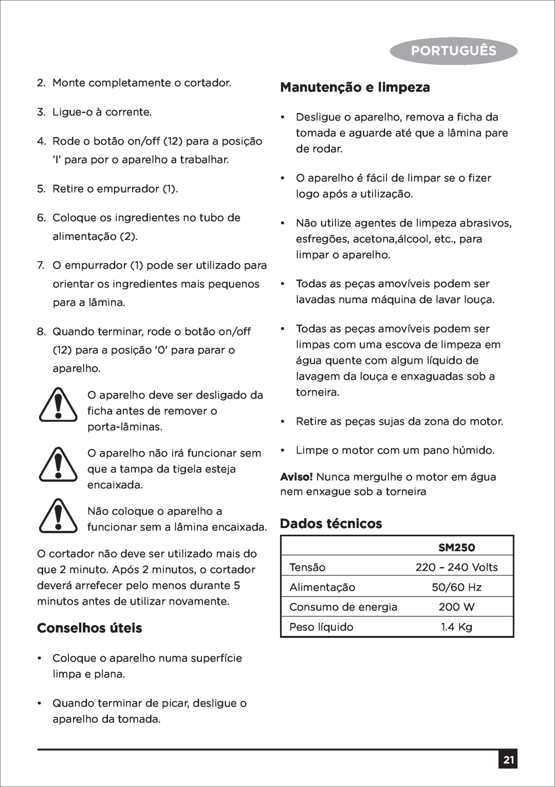 Black & Decker SM250 manual Conselhos úteis, Português, Manutenção e limpeza, Dados técnicos 