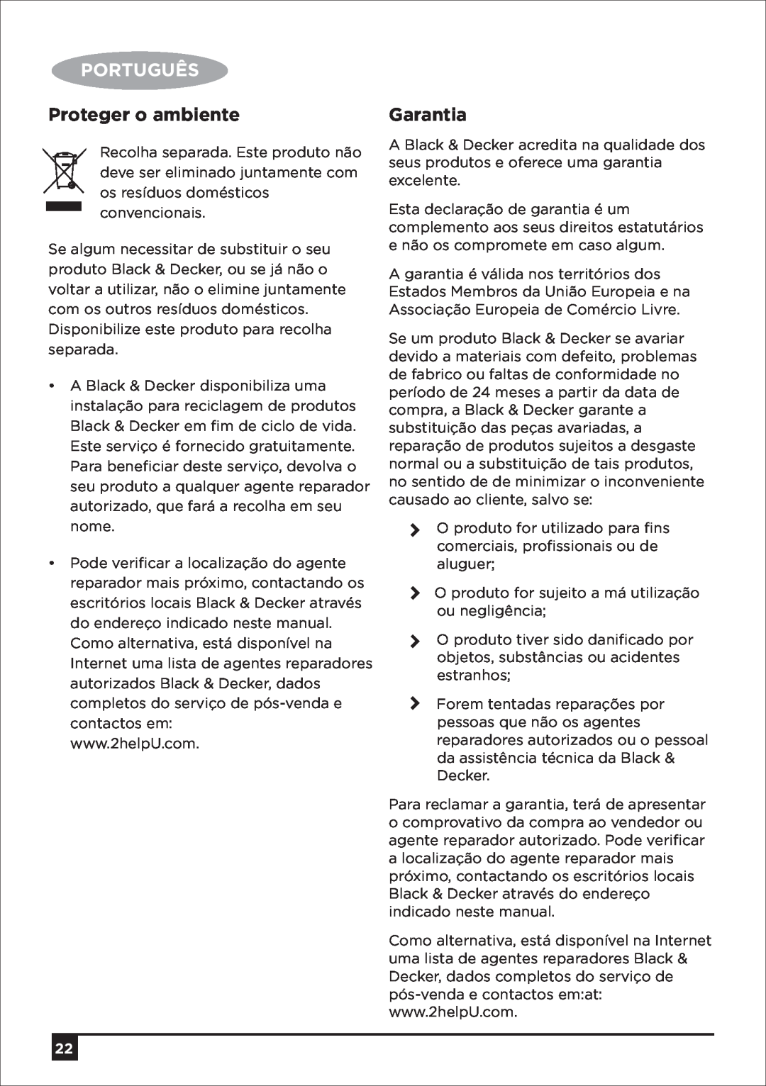 Black & Decker SM250 manual Português, Proteger o ambiente, Garantia 