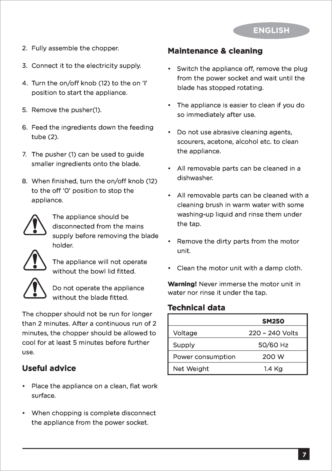 Black & Decker SM250 manual Useful advice, English, Maintenance & cleaning, Technical data 