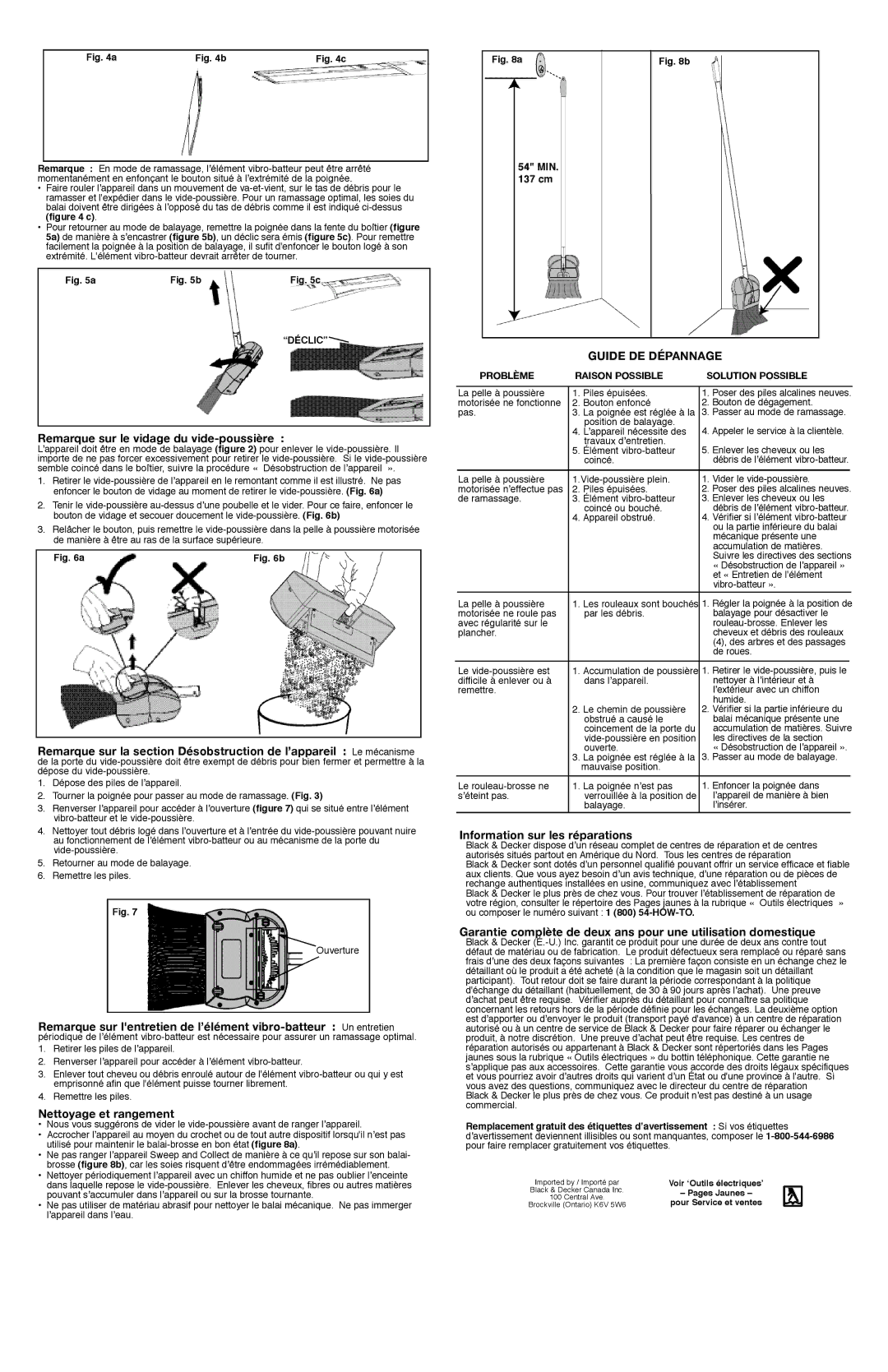 Black & Decker SNC100B Remarque sur le vidage du vide-poussière, Nettoyage et rangement, Guide DE Dépannage 