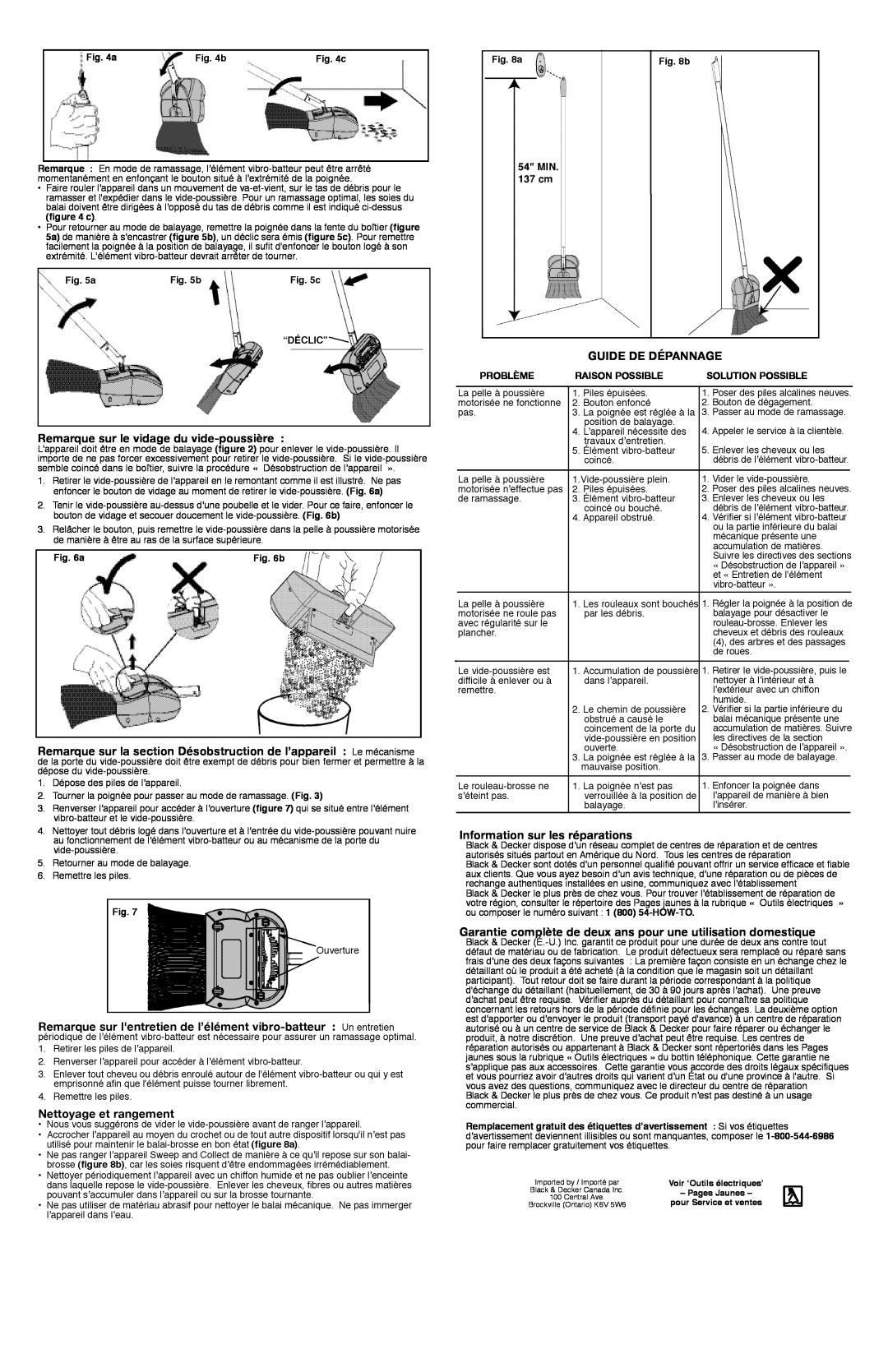 Black & Decker SNC100B Remarque sur le vidage du vide-poussière, Nettoyage et rangement, Guide De Dépannage, Problème 