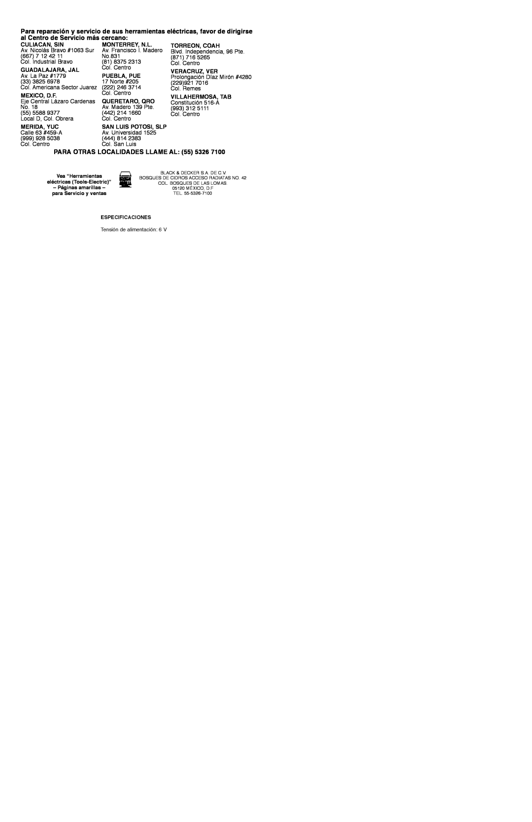 Black & Decker SNC100B instruction manual PARA OTRAS LOCALIDADES LLAME AL 55 5326 