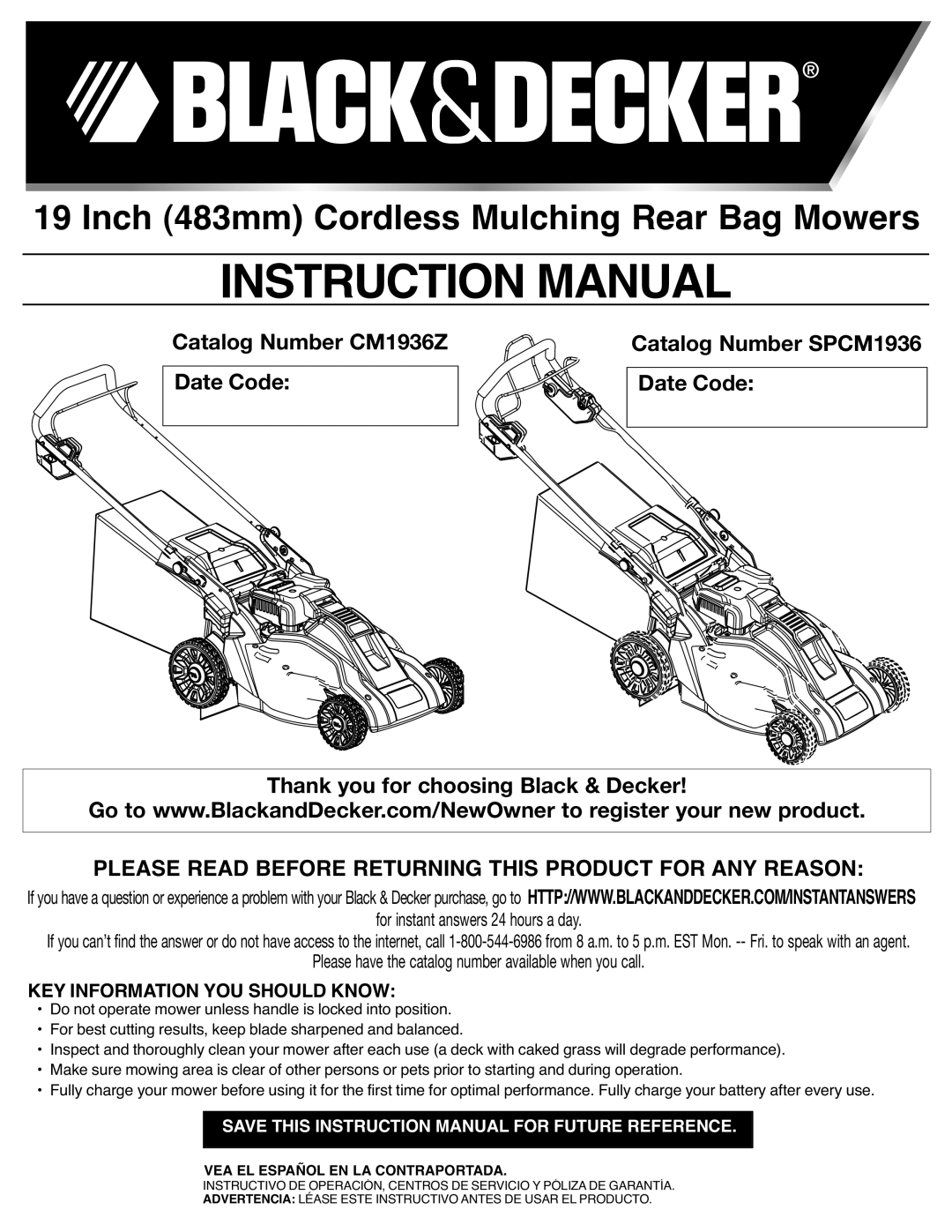 Black & Decker CM1936Z, SPCM1936 instruction manual Please Read Before Returning this Product for ANY Reason 