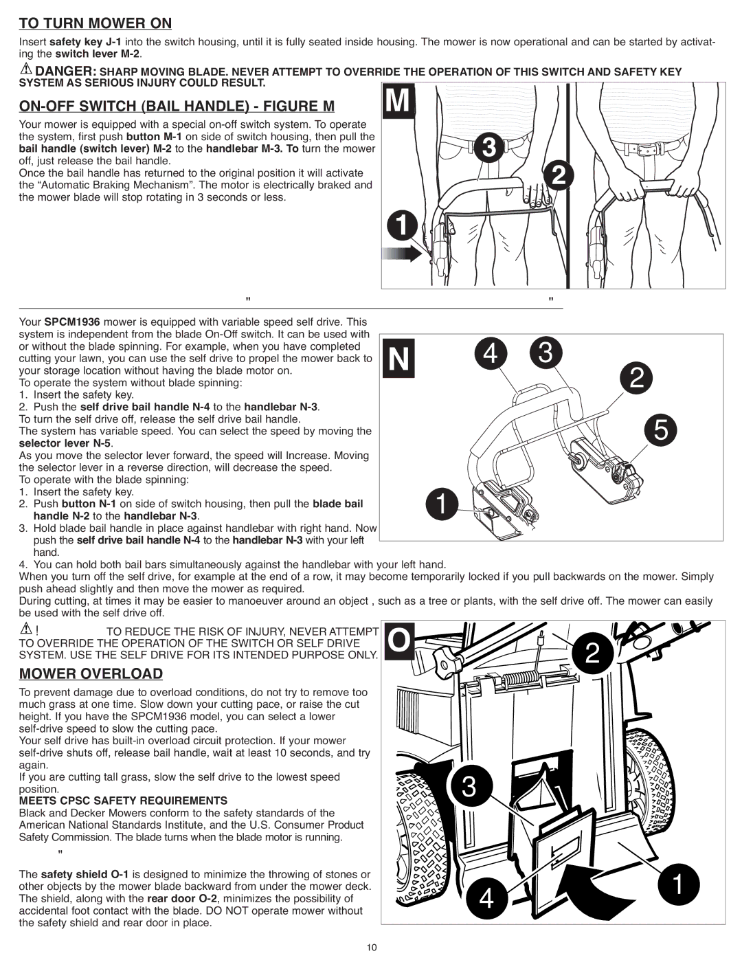 Black & Decker SPCM1936 To Turn Mower on, ON-OFF Switch Bail Handle Figure M, Variable Speed Self Drive System Figure N 