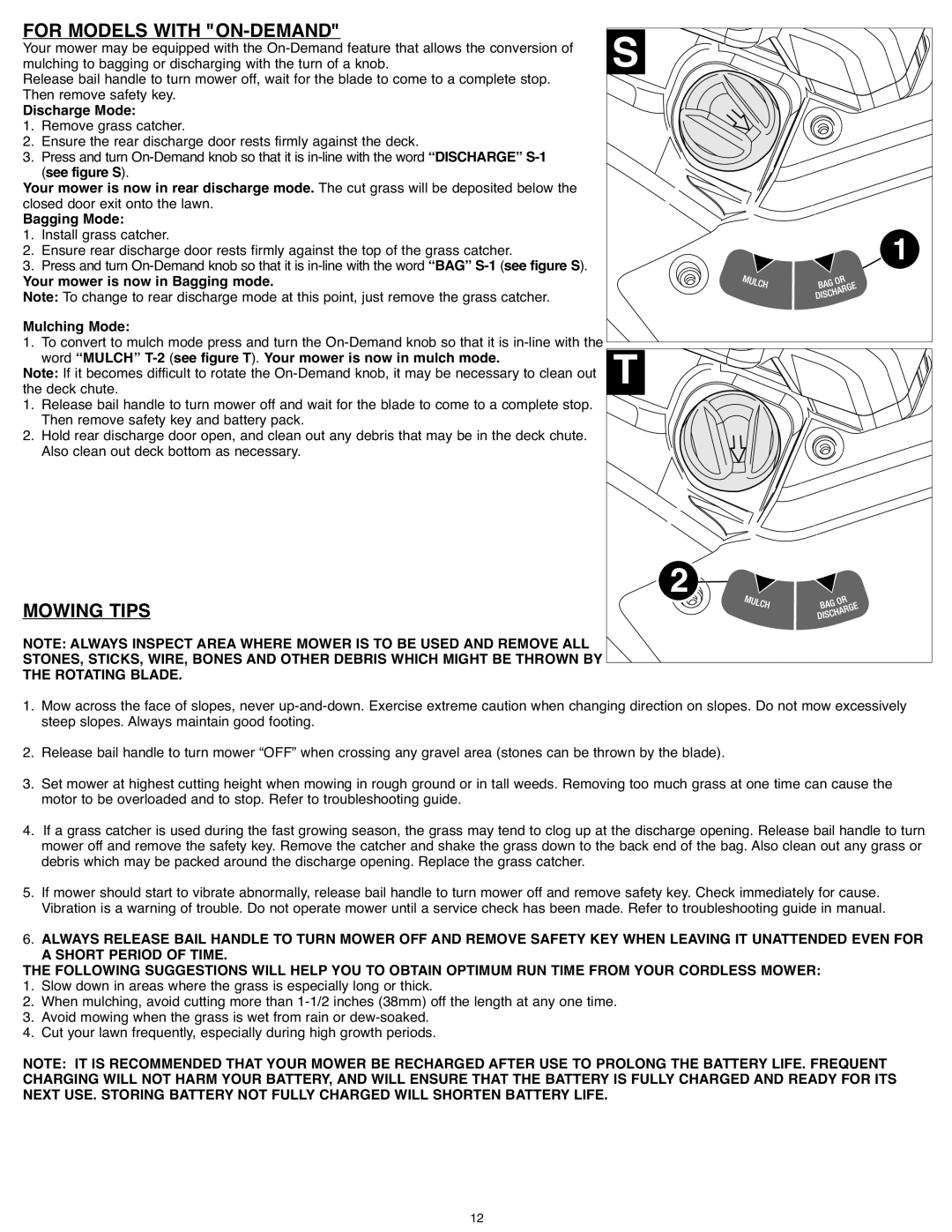 Black & Decker SPCM1936, CM1936Z instruction manual For Models with ON-DEMAND, Mowing Tips, Discharge Mode, Bagging Mode 