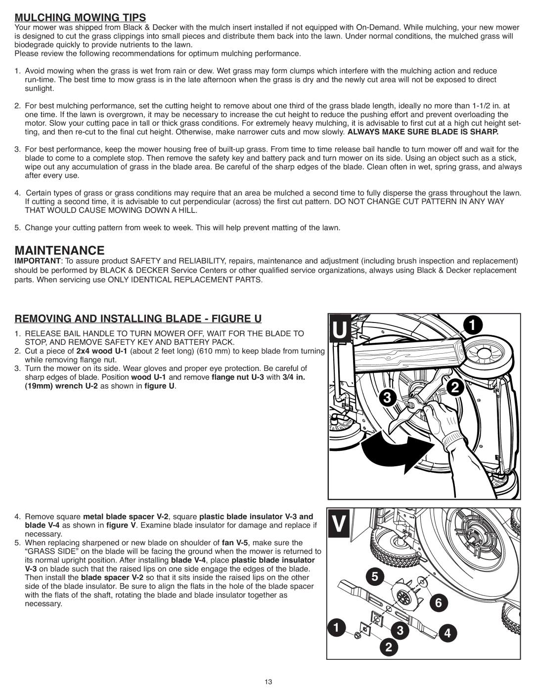 Black & Decker CM1936Z, SPCM1936 Maintenance, Mulching Mowing Tips, Removing and Installing Blade Figure U 
