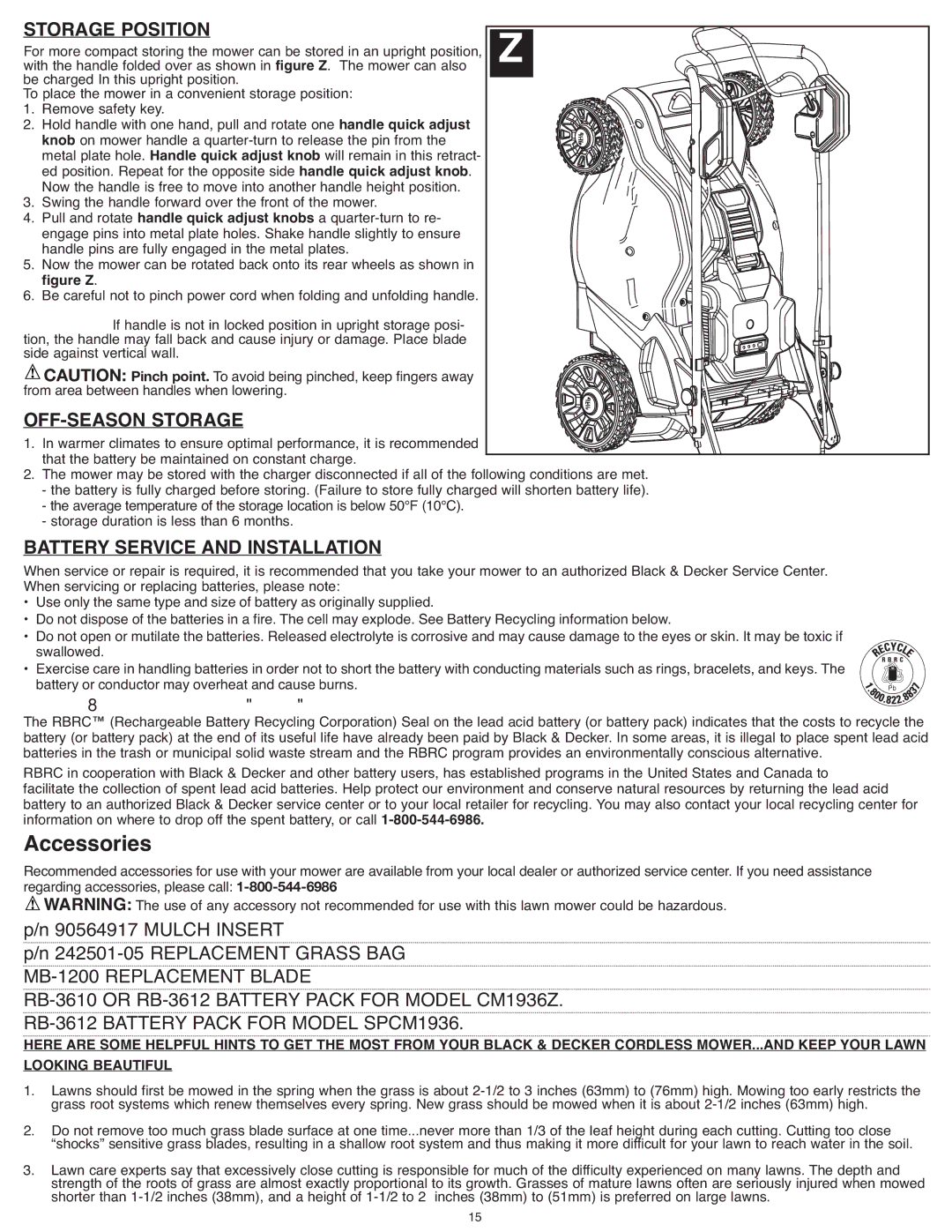 Black & Decker CM1936Z, SPCM1936 instruction manual Storage Position, OFF-SEASON Storage, Battery Service and Installation 