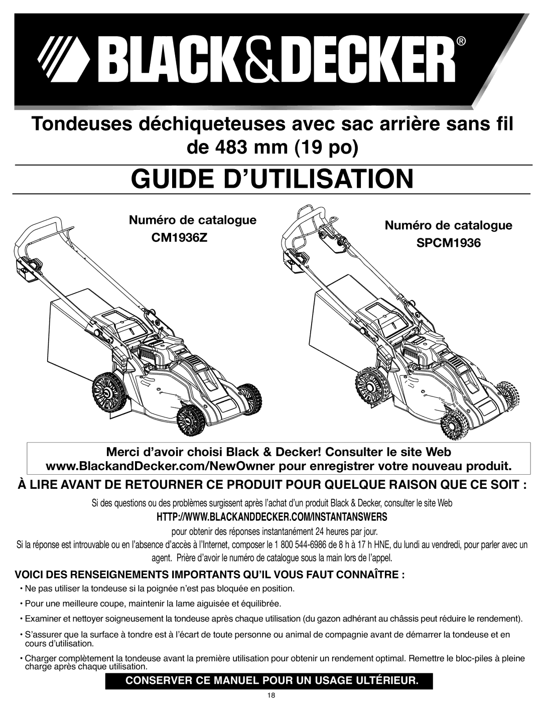 Black & Decker SPCM1936, CM1936Z instruction manual Guide DʼUTILISATION 