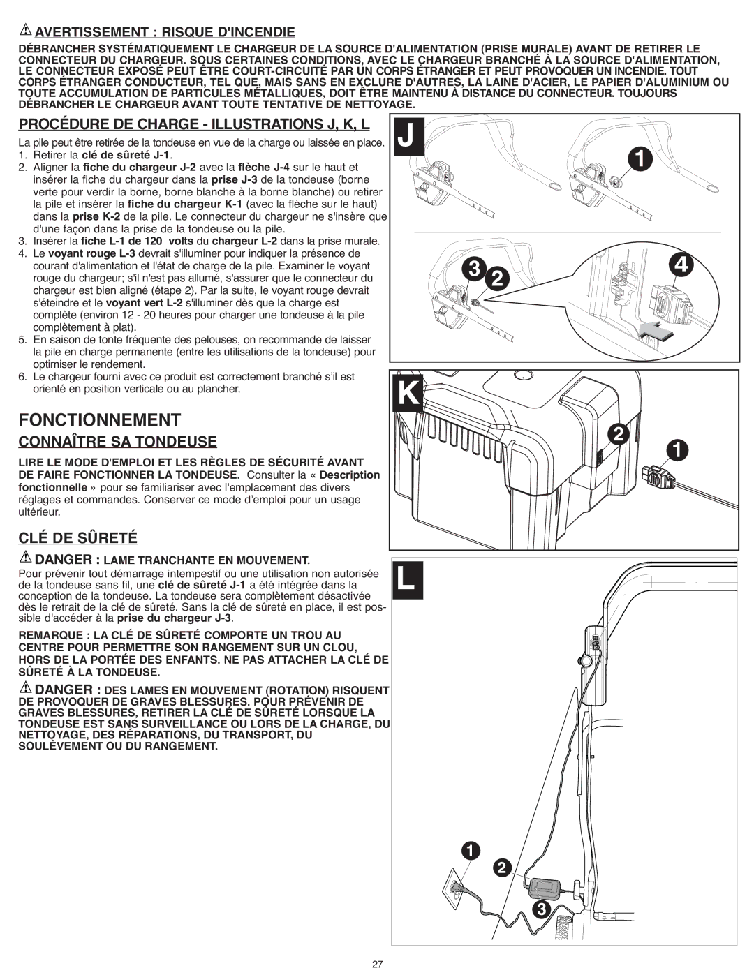 Black & Decker CM1936Z Fonctionnement, Procédure DE CHARGE- ILLUSTRATIONSJ, K, L, Connaître SA Tondeuse, CLÉ DE Sûretél 