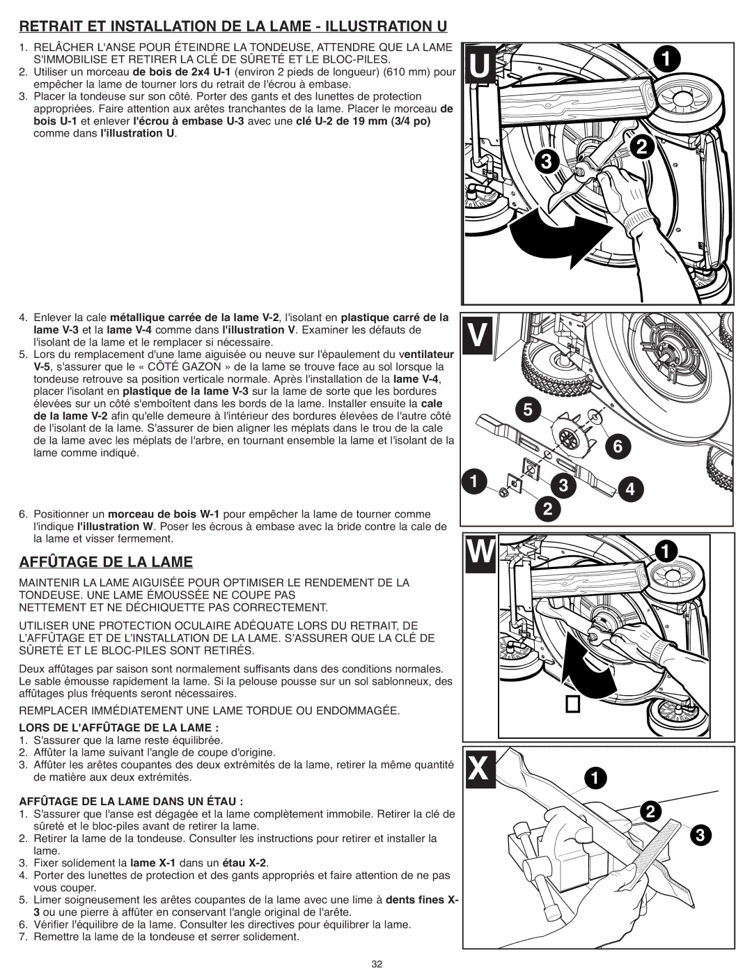 Black & Decker SPCM1936, CM1936Z instruction manual Retrait ET Installation DE LA Lame Illustration U, Affûtage DE LA Lame 