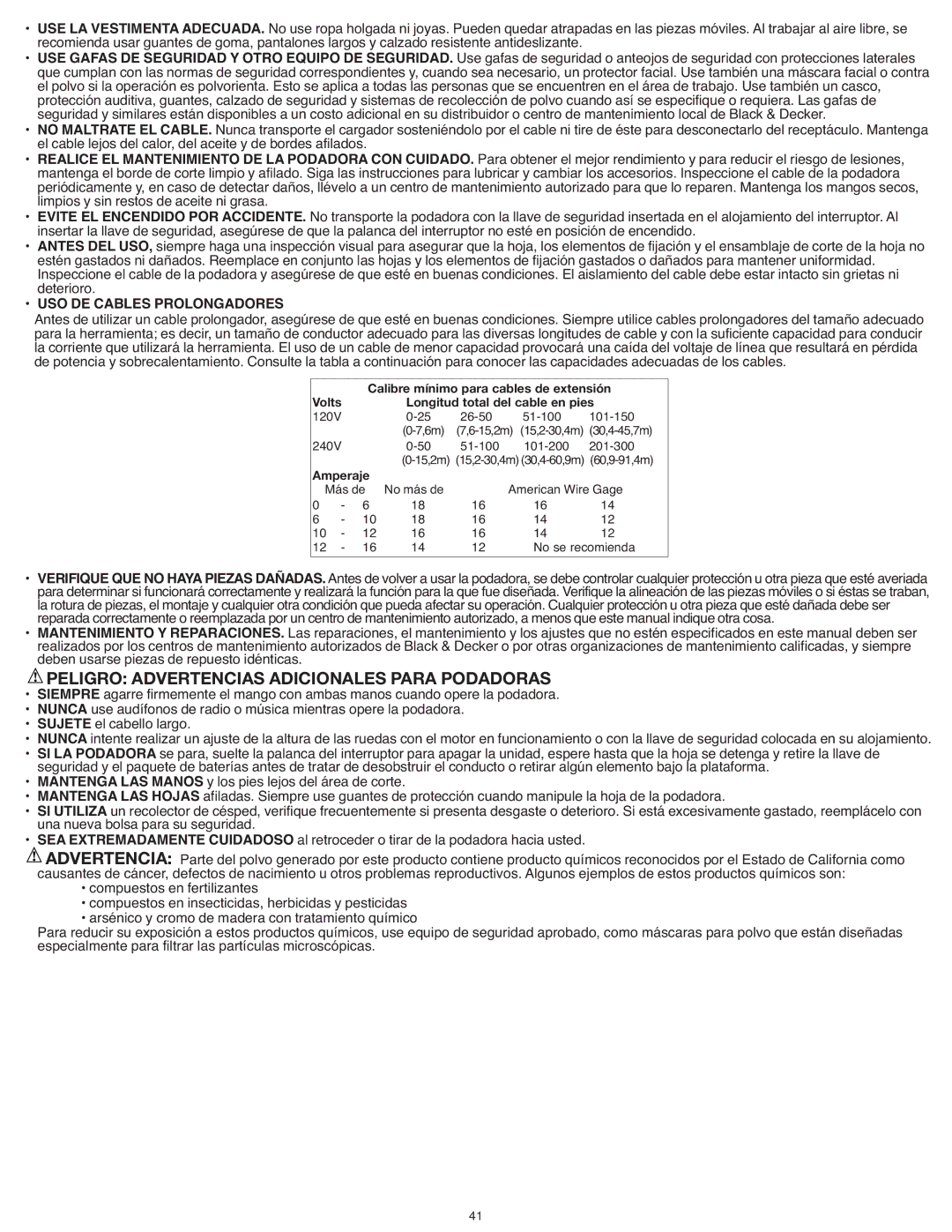 Black & Decker CM1936Z, SPCM1936 instruction manual USO DE Cables Prolongadores, Volts Longitud total del cable en pies 