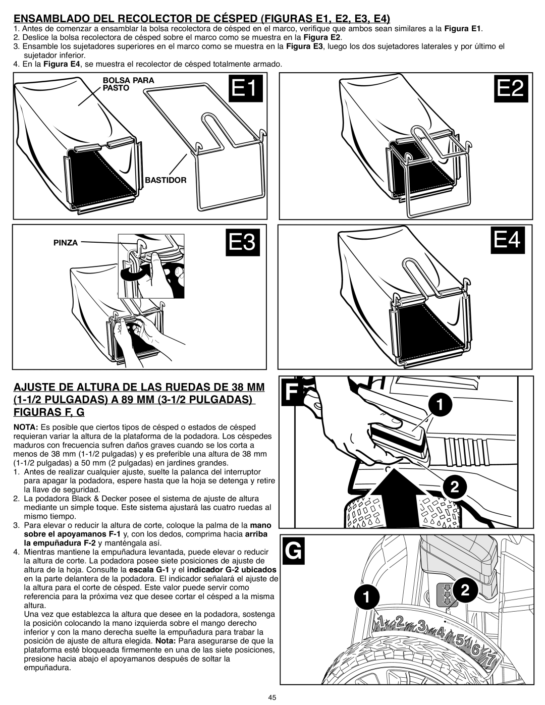 Black & Decker CM1936Z, SPCM1936 instruction manual Ensamblado DEL Recolector DE Césped Figuras E1, E2, E3, E4 