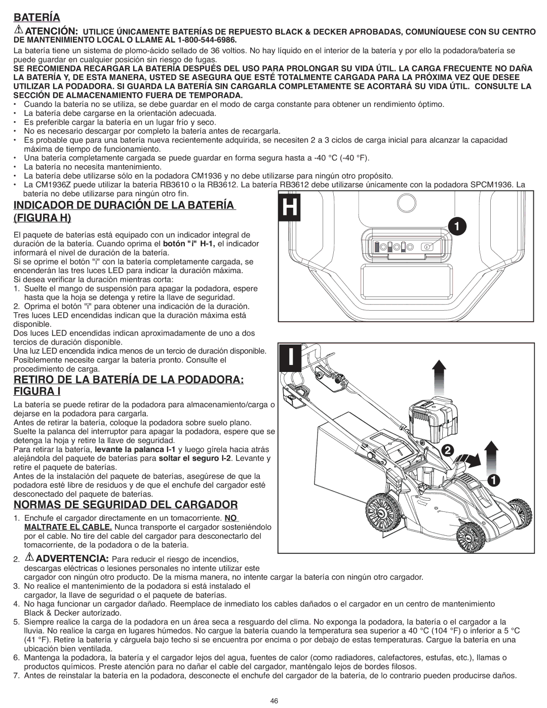 Black & Decker SPCM1936, CM1936Z Indicador DE Duración DE LA Batería, Retiro DE LA Batería DE LA Podadora 