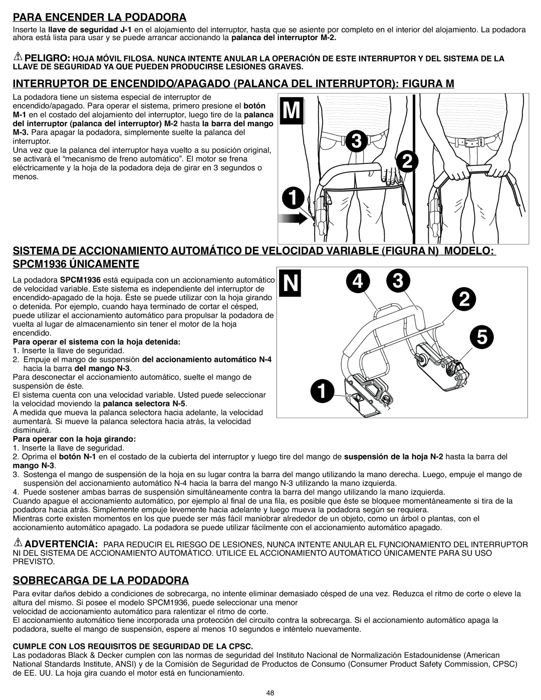 Black & Decker CM1936Z instruction manual Para Encender LA Podadora, SPCM1936 Únicamente, Sobrecarga DE LA Podadora 