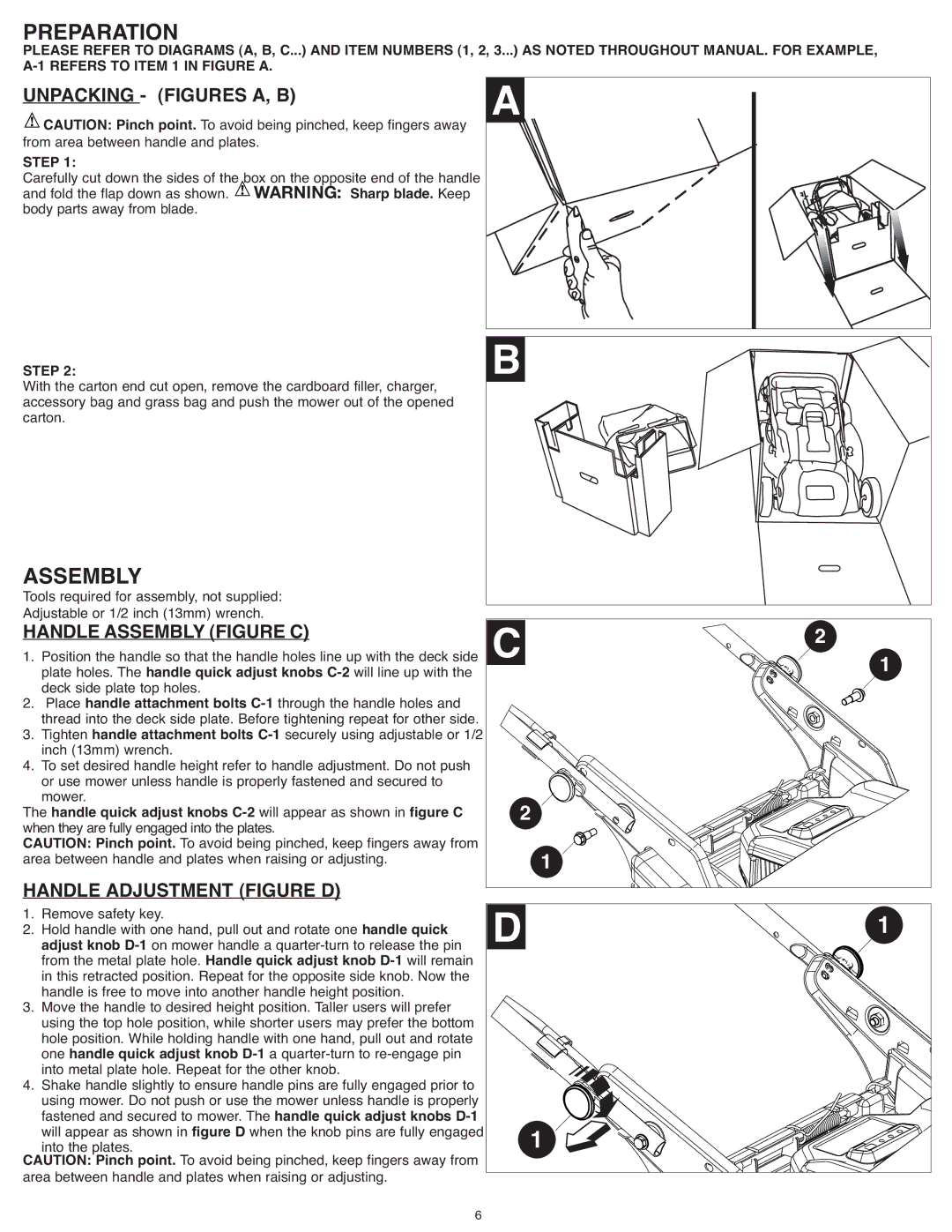 Black & Decker SPCM1936 Preparation, Unpacking Figures A, B, Handle Assemblyfigure C, Handle Adjustment Figure D 