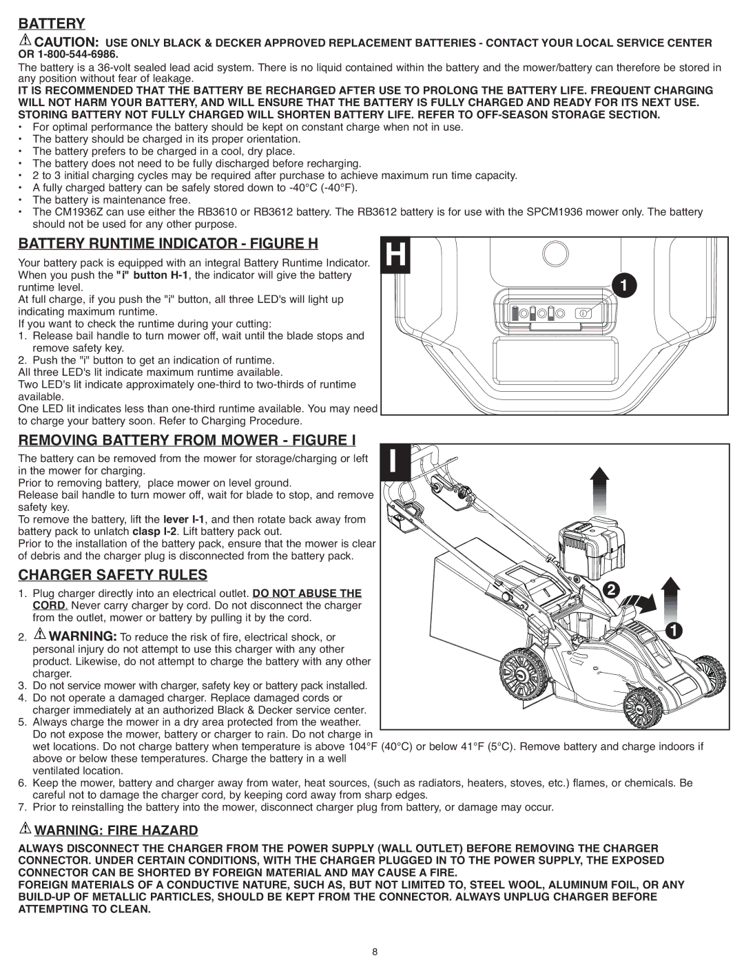 Black & Decker SPCM1936 Batteryruntime Indicator Figure H, Removing Battery from Mower Figure, Charger Safety Rules 