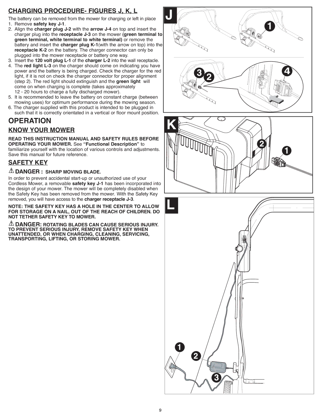 Black & Decker CM1936Z, SPCM1936 instruction manual Charging PROCEDURE- Figures J, K, L, Know Your Mower Safety KEY 