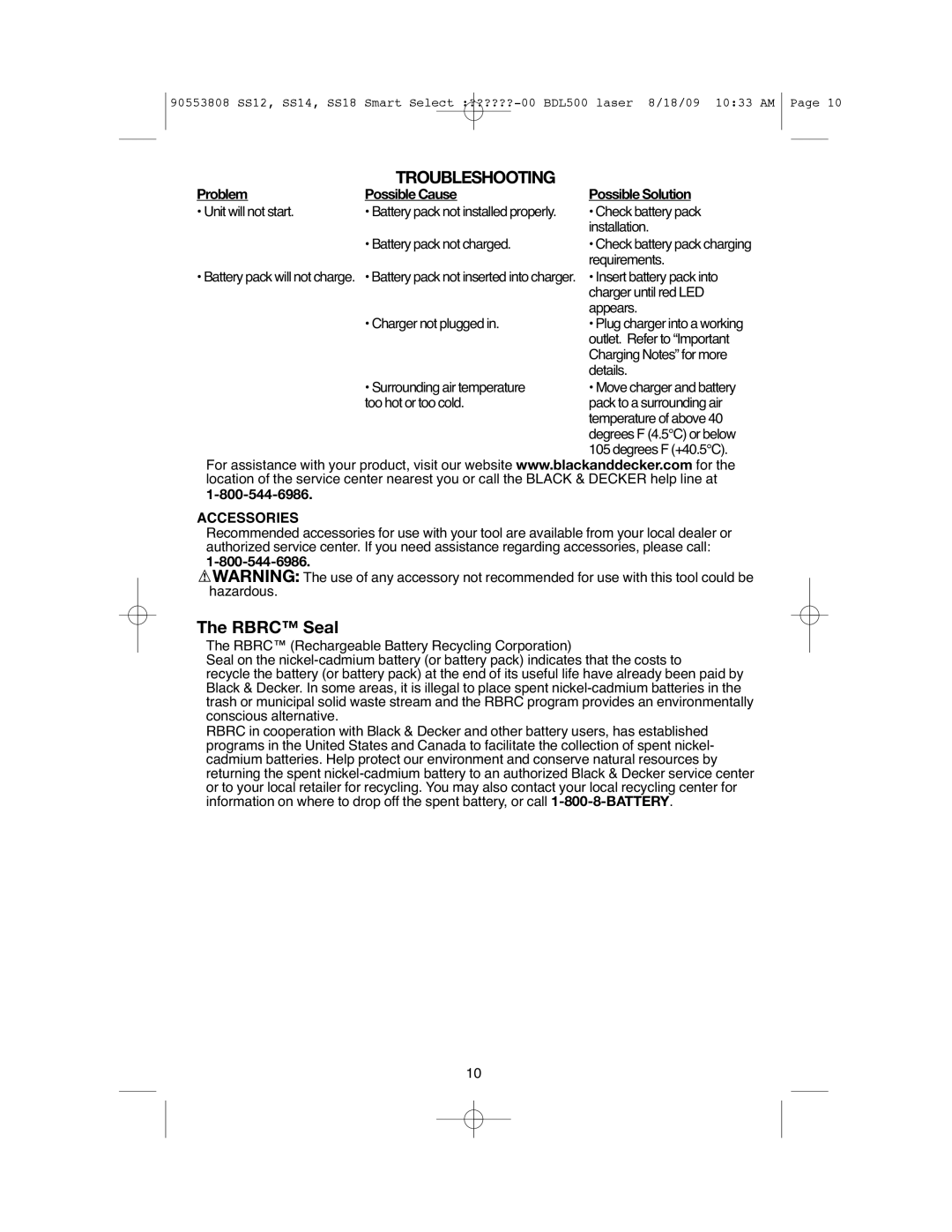 Black & Decker SS12C instruction manual Troubleshooting, Rbrc Seal, Accessories 