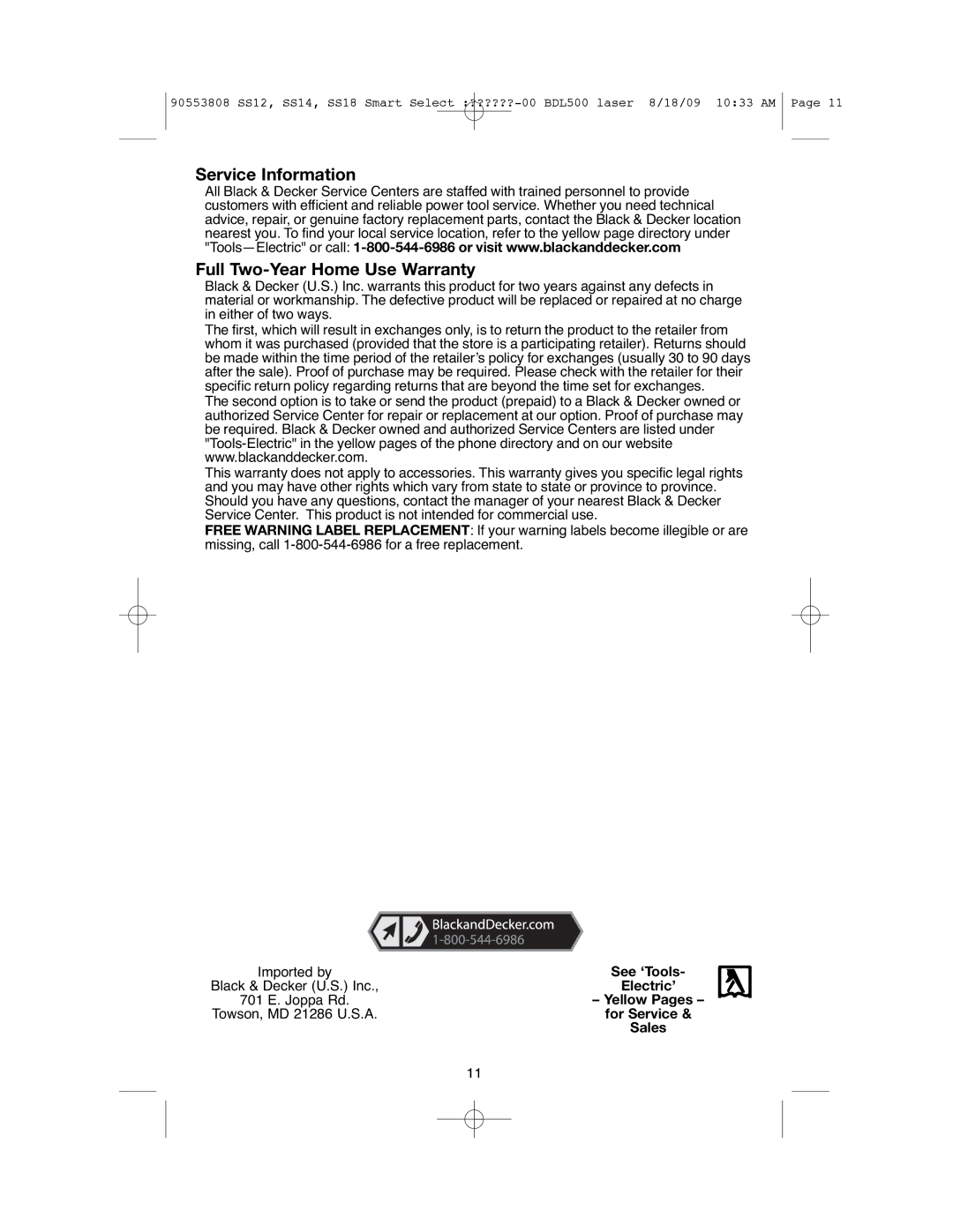 Black & Decker SS12C instruction manual Service Information Full Two-Year Home Use Warranty 