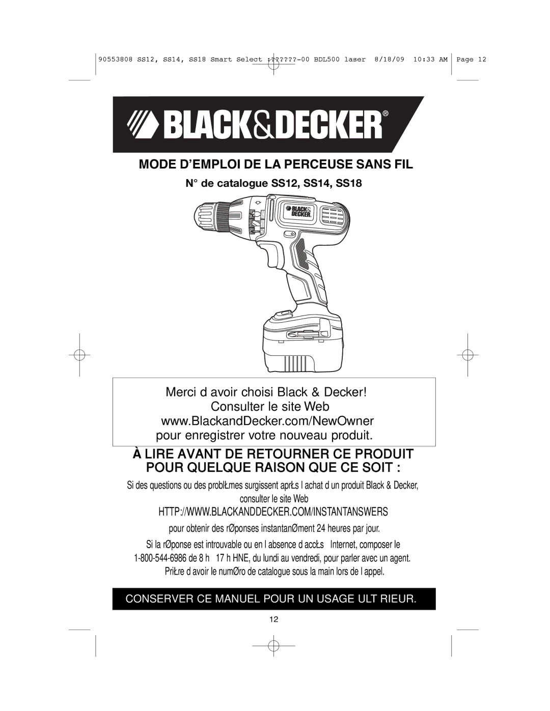 Black & Decker SS12C instruction manual Mode DʼEMPLOI DE LA Perceuse Sans FIL 