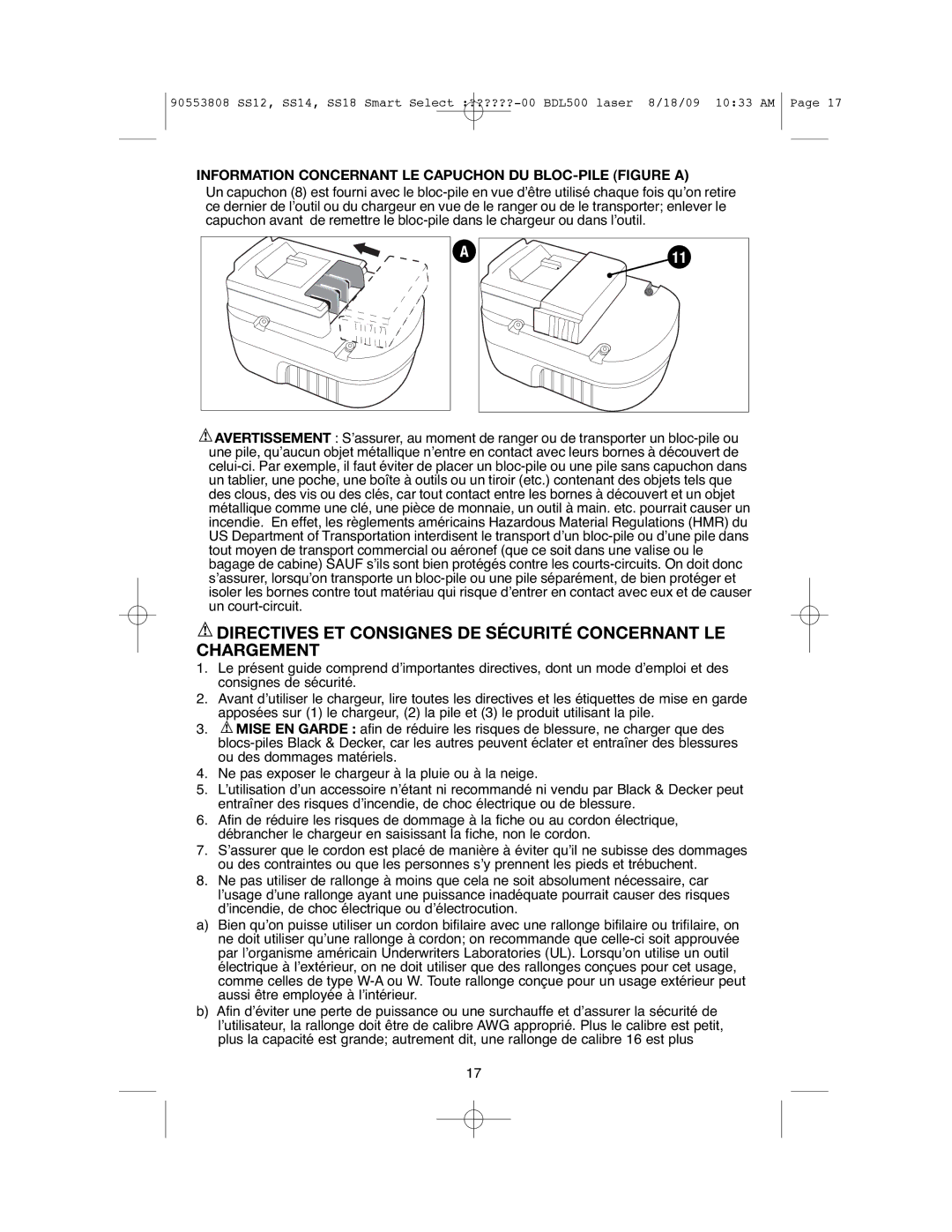 Black & Decker SS12C instruction manual Directives ET Consignes DE Sécurité Concernant LE Chargement 