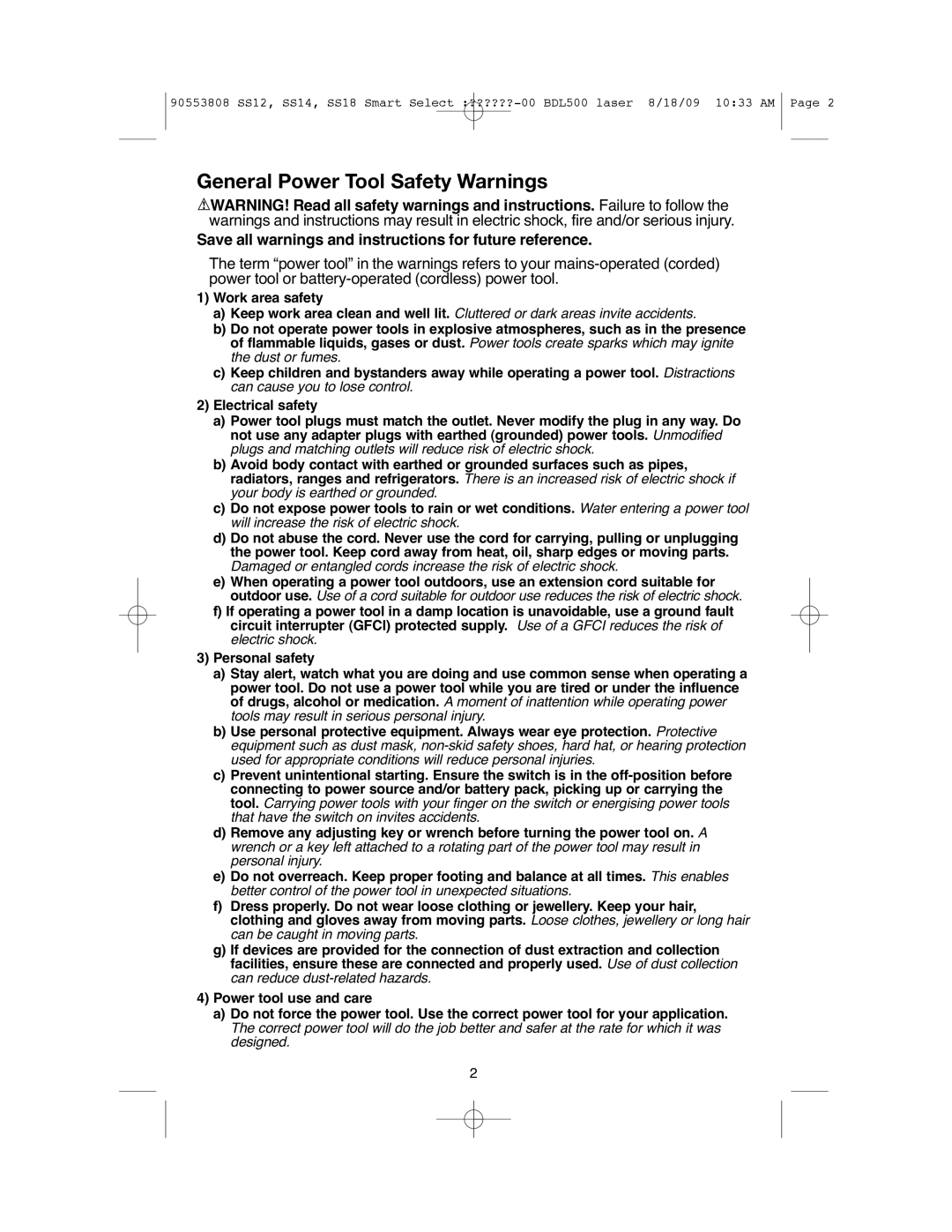 Black & Decker SS12C instruction manual General Power Tool Safety Warnings 