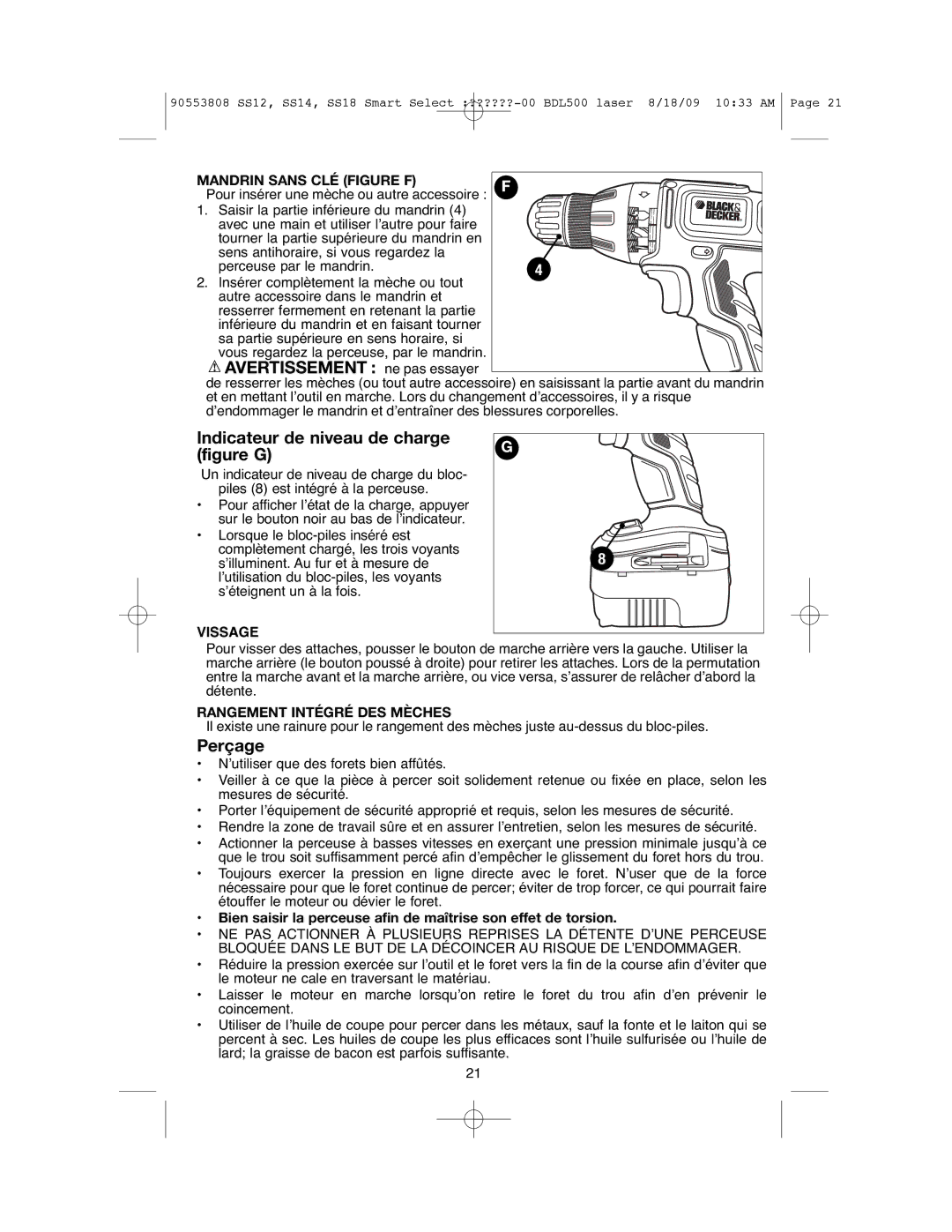 Black & Decker SS12C Avertissement ne pas essayer, Indicateur de niveau de charge figure G, Perçage, Vissage 