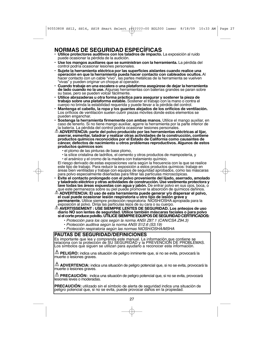 Black & Decker SS12C instruction manual Normas DE Seguridad Específicas, Pautas DE SEGURIDAD/DEFINICIONES 