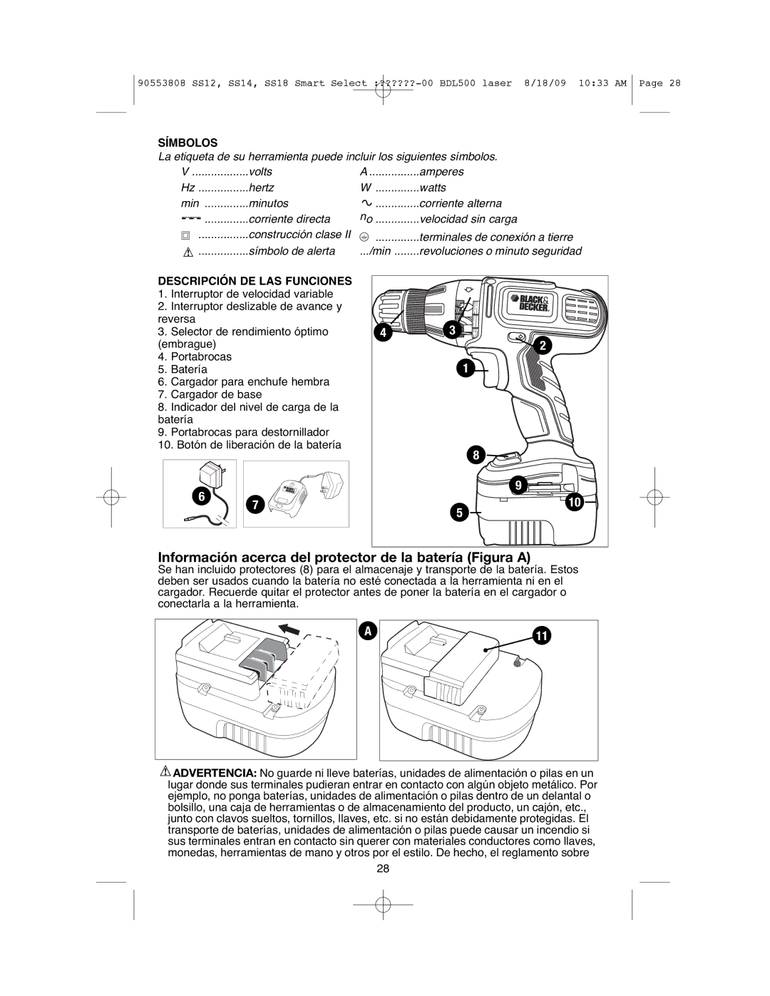 Black & Decker SS12C Información acerca del protector de la batería Figura a, Símbolos, Descripción DE LAS Funciones 