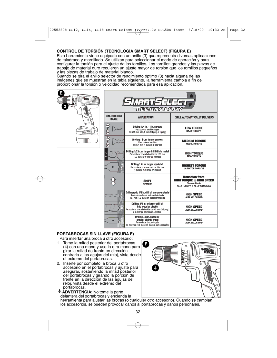 Black & Decker SS12C instruction manual Control DE Torsión Tecnología Smart Select Figura E, Portabrocas SIN Llave Figura F 