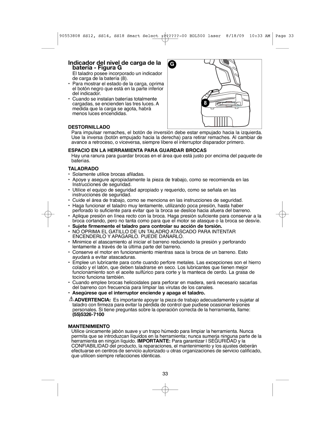 Black & Decker SS12C Indicador del nivel de carga de la batería Figura G, Destornillado, Taladrado, Mantenimiento 