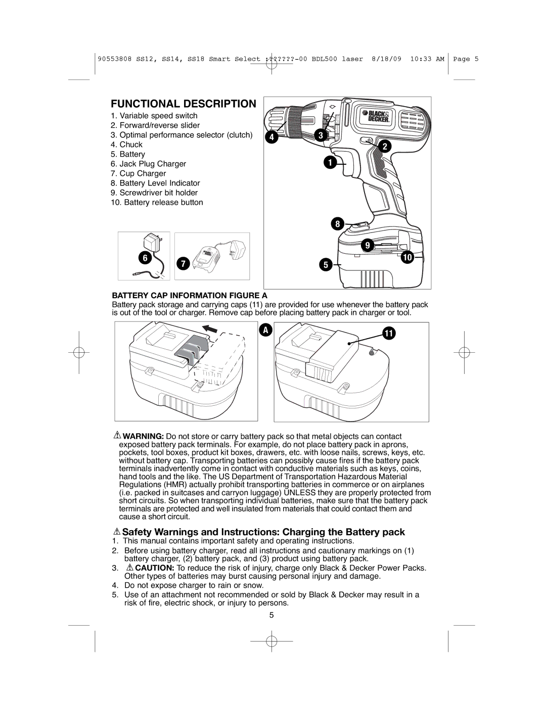 Black & Decker SS12C Safety Warnings and Instructions Charging the Battery pack, Battery CAP Information Figure a 