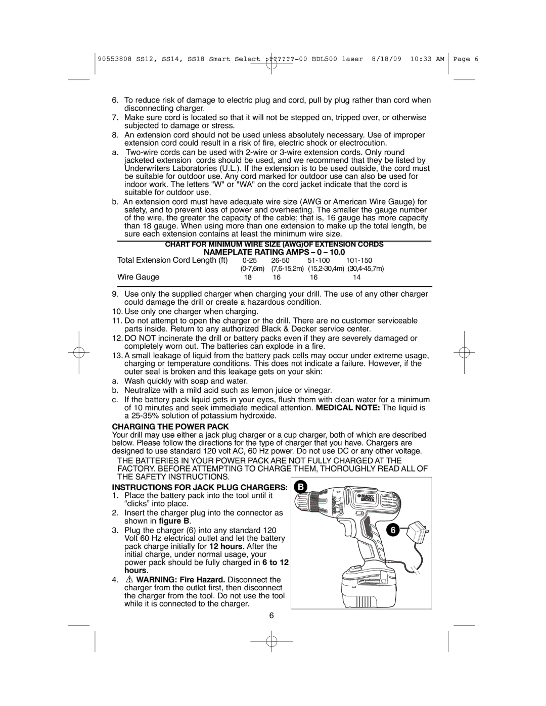 Black & Decker SS12C Nameplate Rating Amps 0, Charging the Power Pack, Instructions for Jack Plug Chargers B 