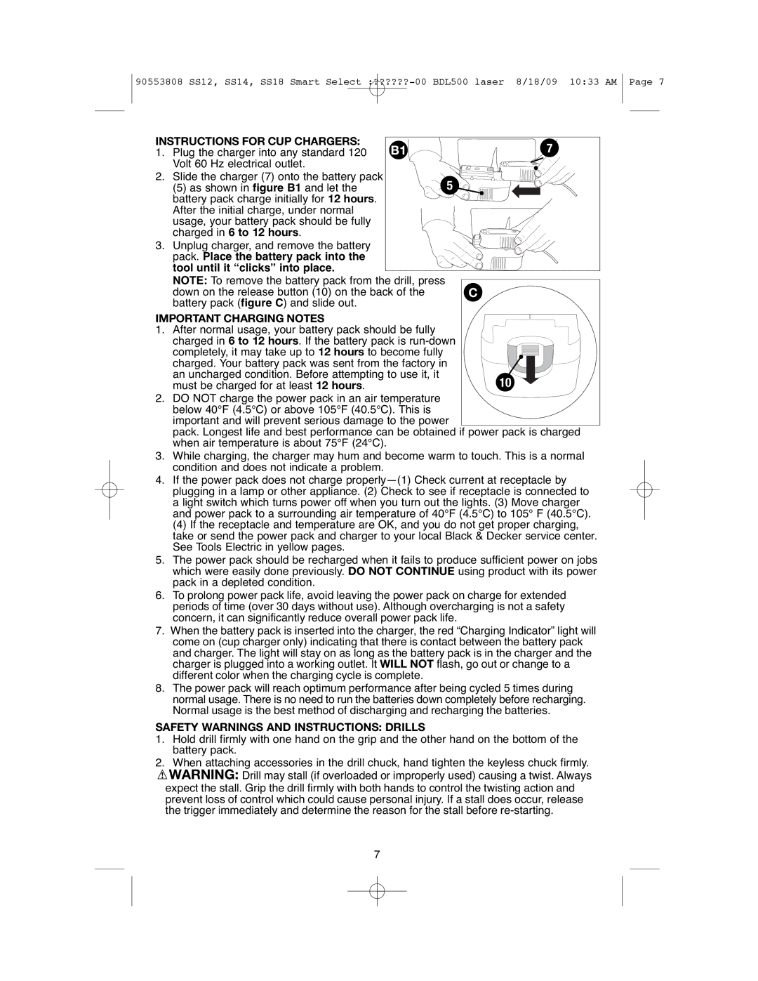 Black & Decker SS12C Instructions for CUP Chargers, Important Charging Notes, Safety Warnings and Instructions Drills 